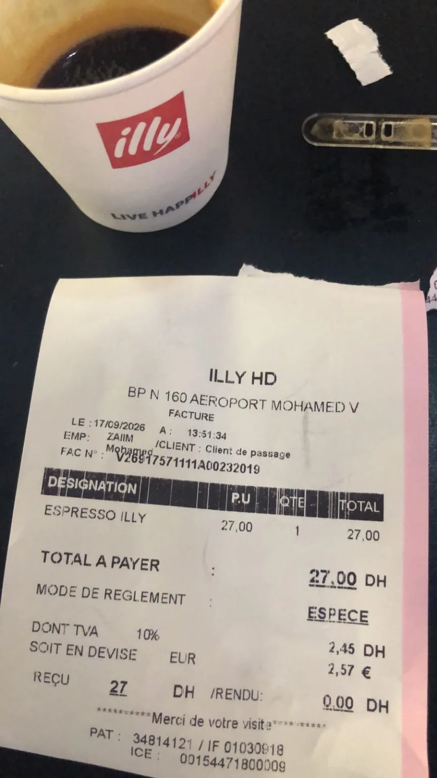 Illy receipt observed at Casablanca Airport in September 2026
